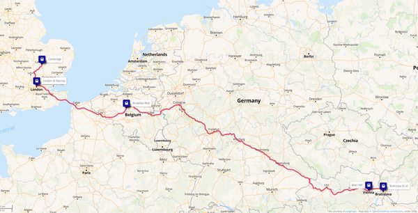 The complete route The map of the train route from Bratislava to Cambridge through Brussels and London