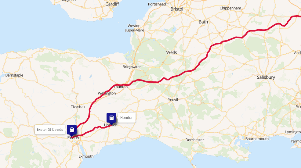 Map: arrival at Exeter St Davids, change to a South Western train, arrival at Honiton