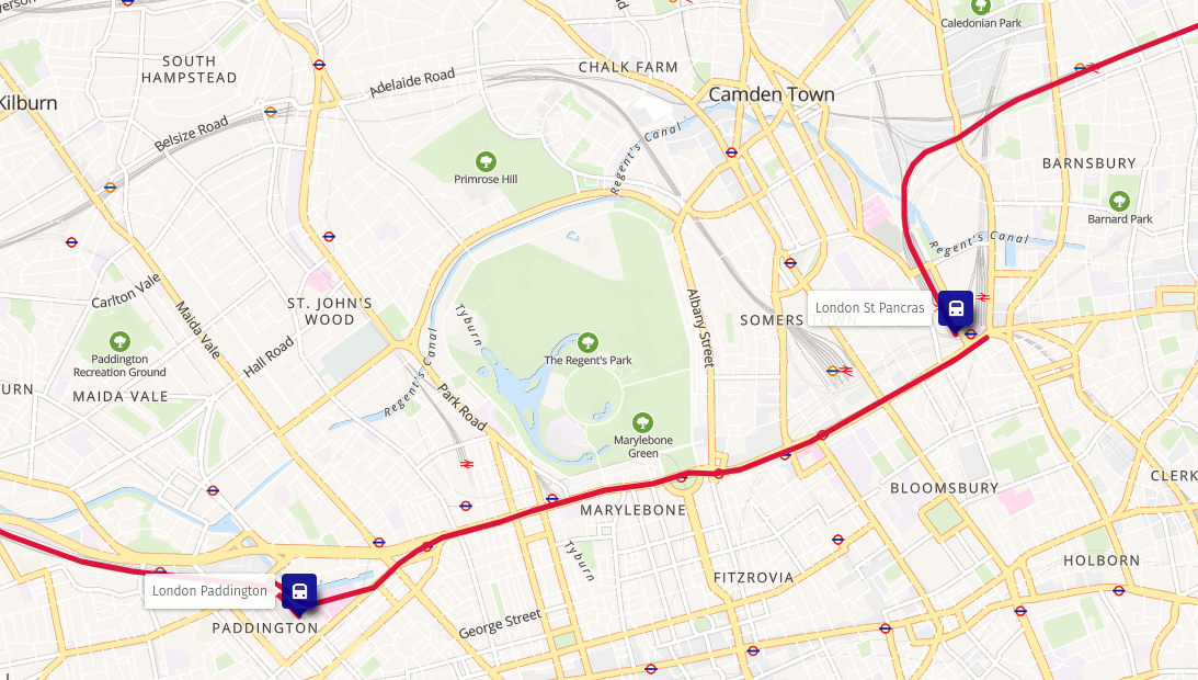 Map: arrival at St Pancras, the underground, departure from Paddington