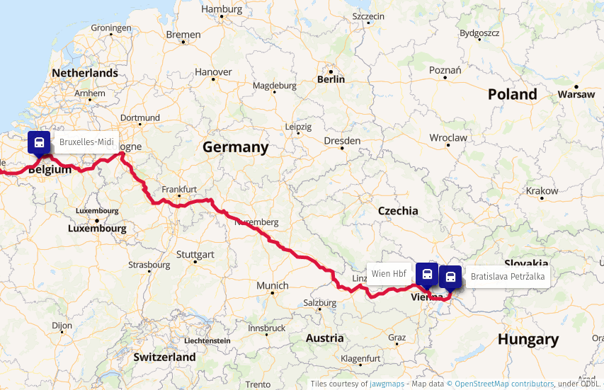 Map: train route from Bratislava to Brussels