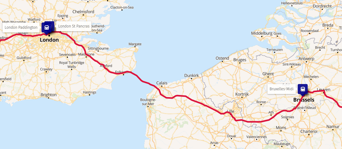 Map: train route from Brussels to London
