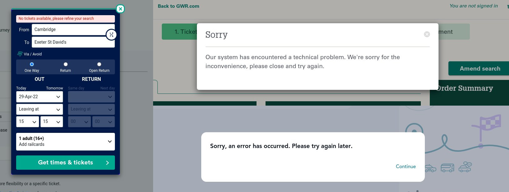 Error messages at the websites of Trainline, GWR and SNCF
