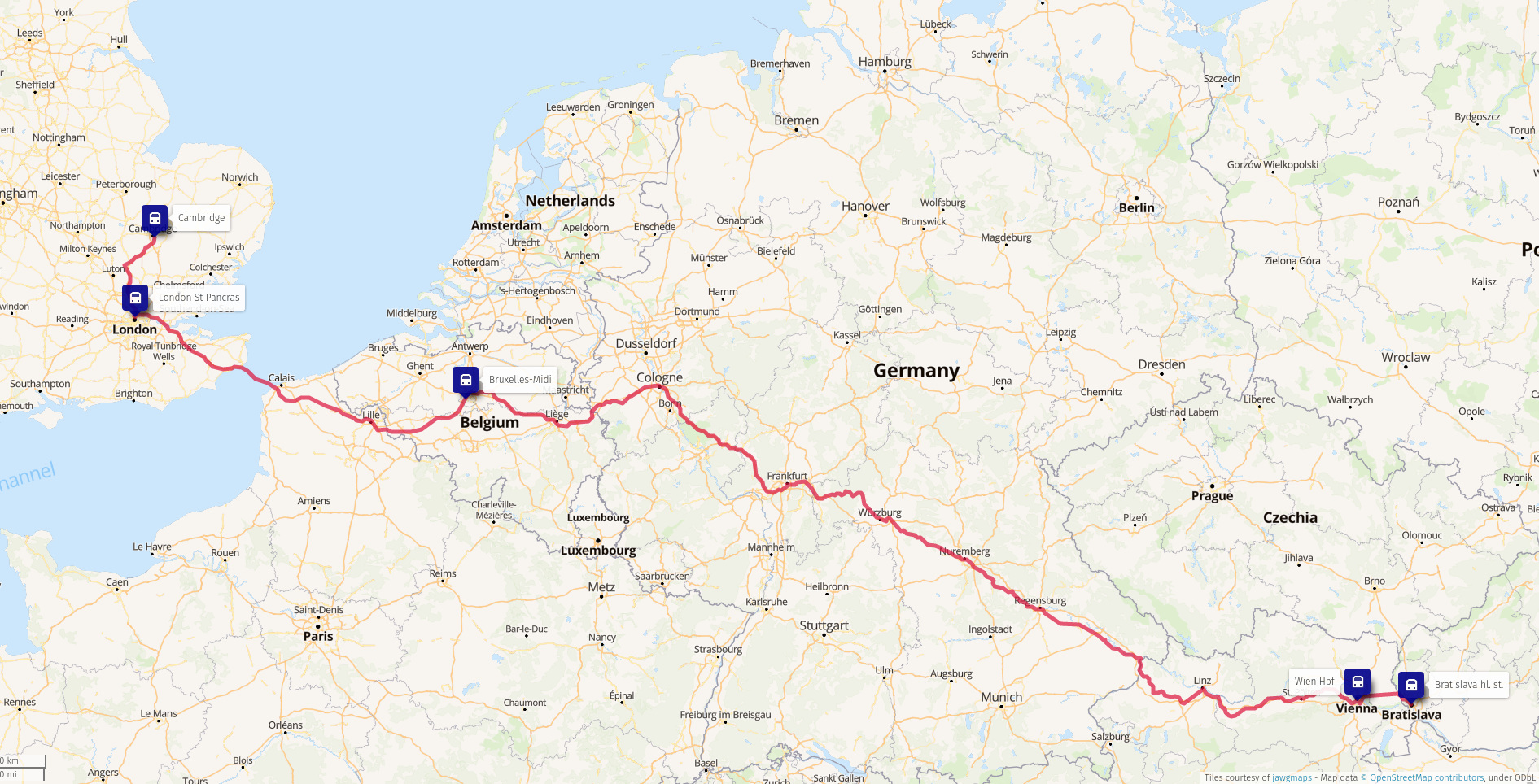 The map of the train route from Bratislava to Cambridge through Brussels and London