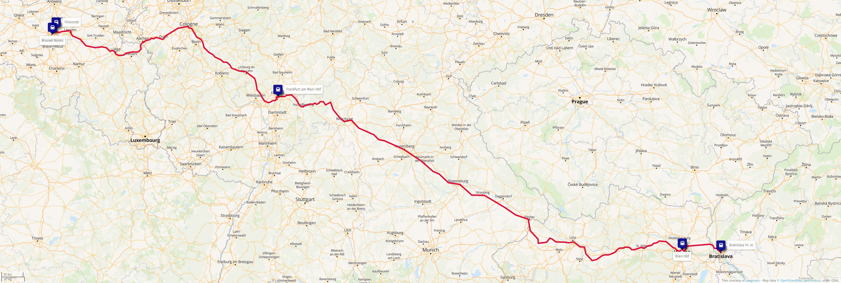 Train route from Bratislava to Vienna to Frankfurt to Brussels