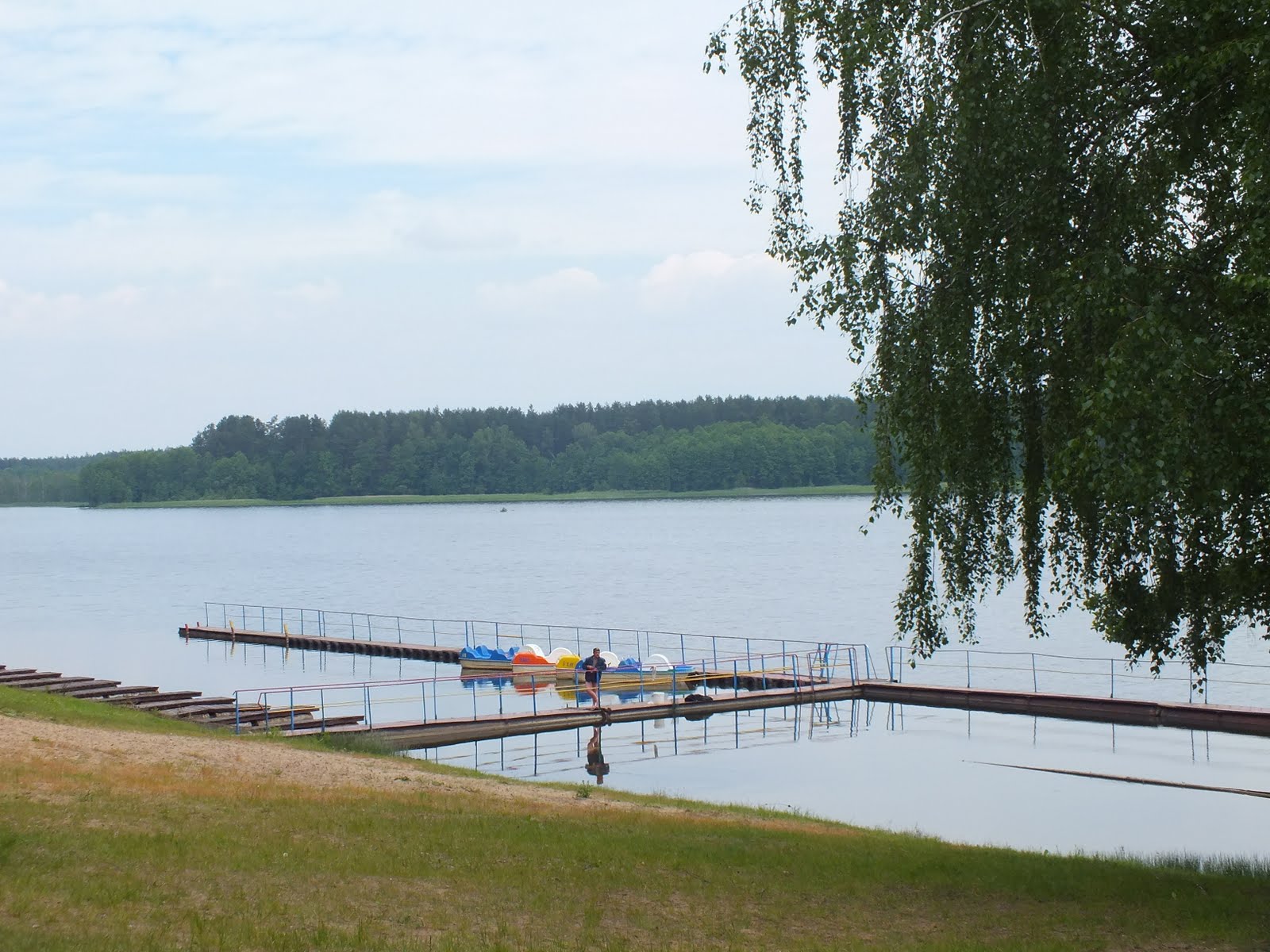 Person standing on a pier by a lake